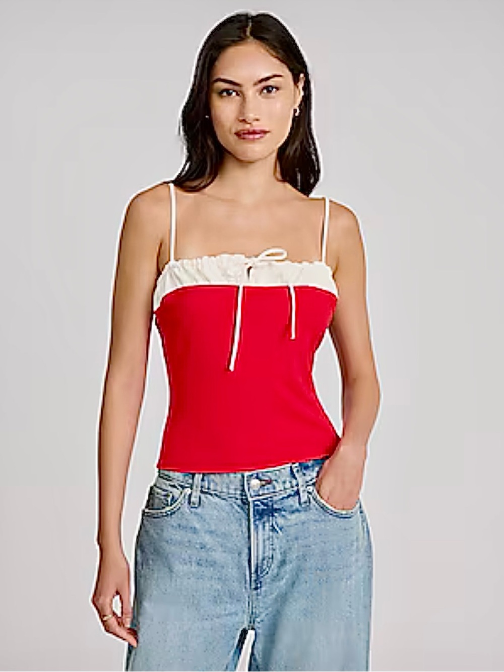 Express Two Tone Bow Cami in Studio Stretch Crepe, Bright Red & White